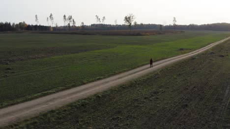 Lonely-girl-in-red-coat-walking-in-the-middle-of-dirt-road-and-fields