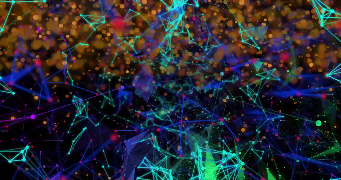 Jaringan node pirus pusat muncul di awal, meluas, berdenyut, membentuk ulang untuk menunjukkan tautan data.