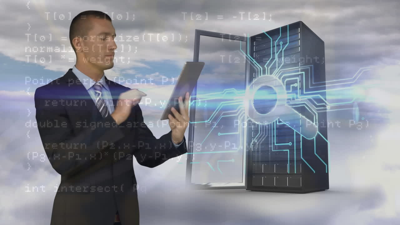 animación del procesamiento de datos con el hombre de negocios