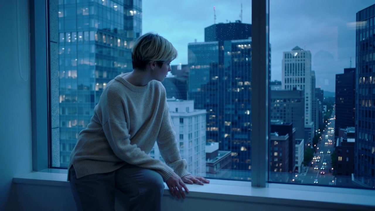 Shifting, woman wearing sweater leaning on window ledge in high-rise, scanning street to see better