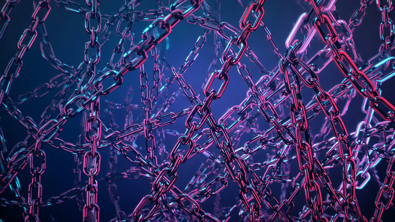 Drifting camera revealing metal chain layers in dark space, highlighting neon blue-pink reflection