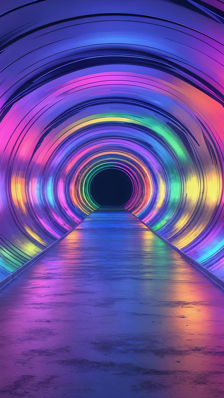 Vertical video: Starting neon-lit tunnel cycling through neon hues at exhibit, reflecting floor