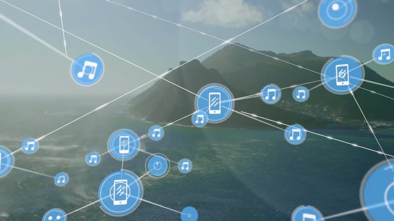 animación de iconos conectados sobre vista aérea de la isla en medio del mar contra un cielo nublado