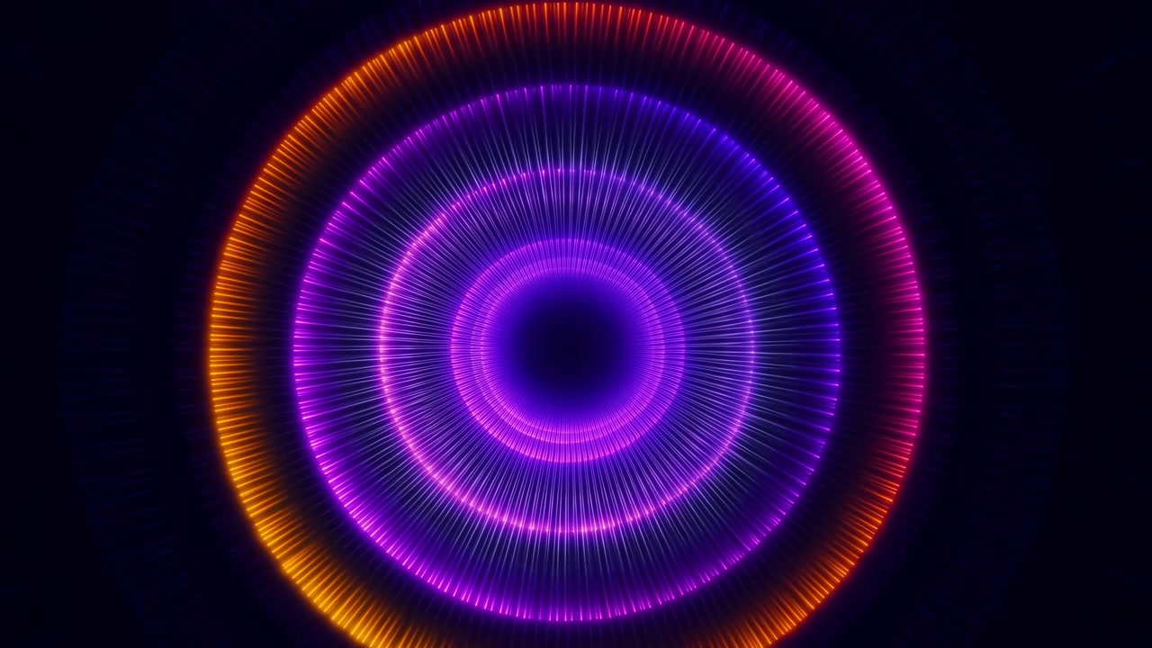 Centrerede neoncirkler gløder omkring en dyb violet kerne, mens radiale stråler spreder sig over et mørkt indigofelt, hvilket skaber lysende glorier, skarpe eger, bløde gradienter og levende futuristisk energi.