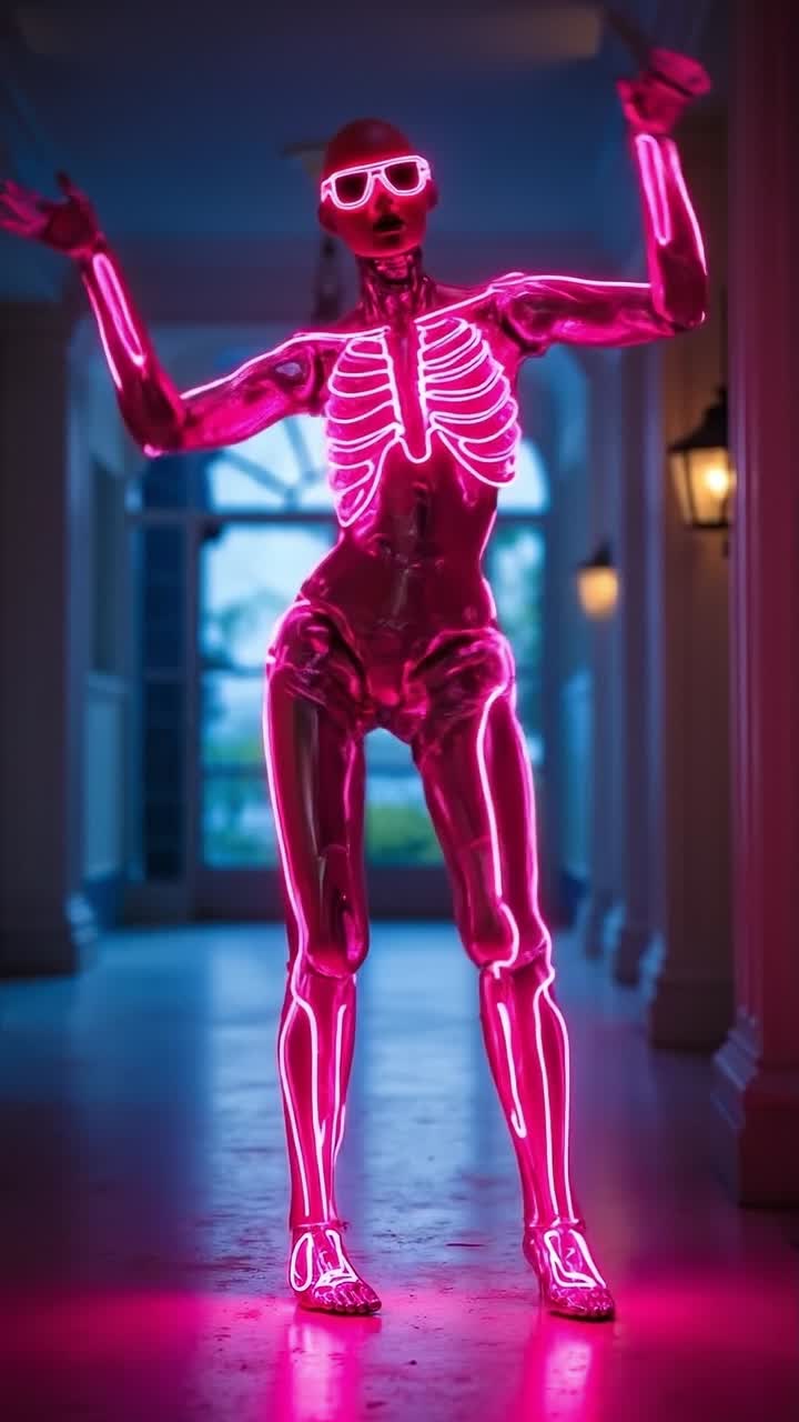 Glowing neon pink robotic skeleton dancing in dark futuristic interior hallway setting
