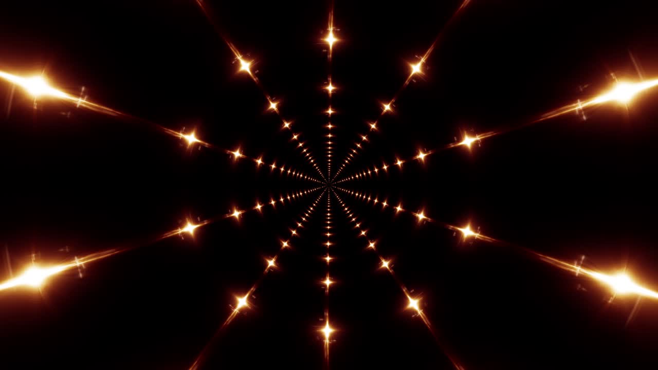 Abstract futuristic technology video animation with rotating shiny glittering flickering gold energy light seamless loop animation. VJ Fractal glowing star light background. 4K Lights Flashing.