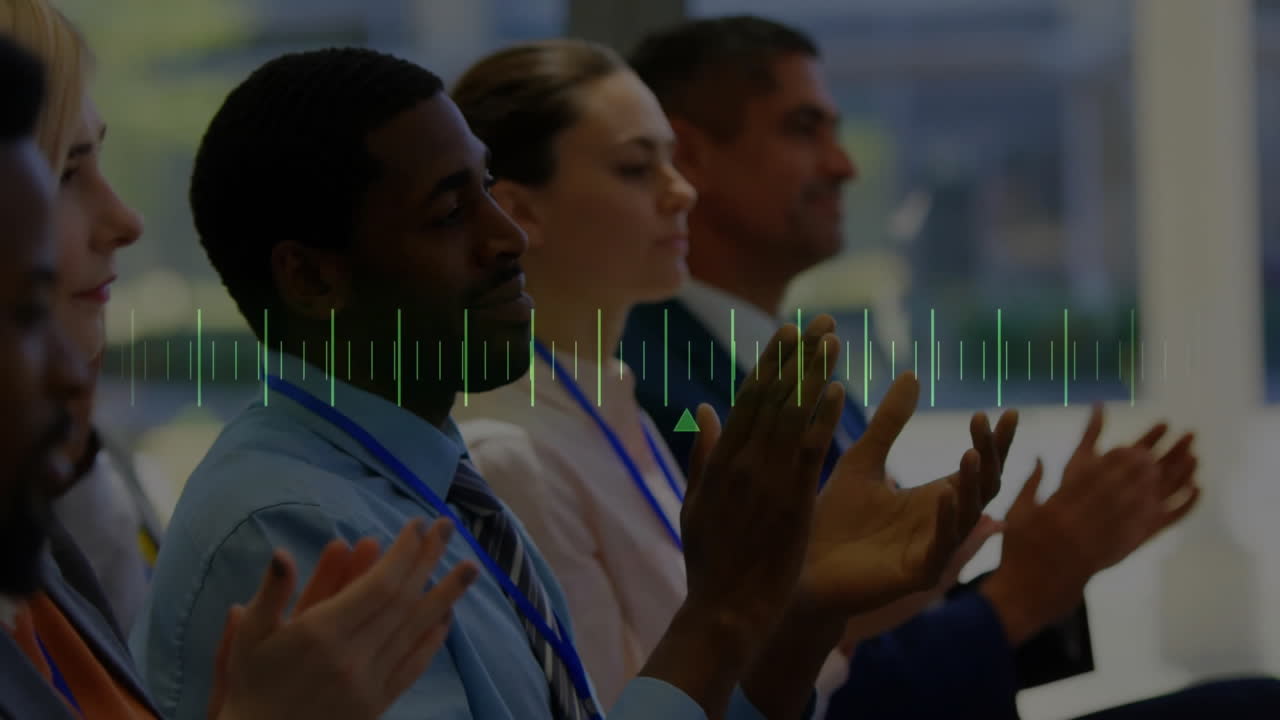 Animation of financial data processing over diverse business people in office