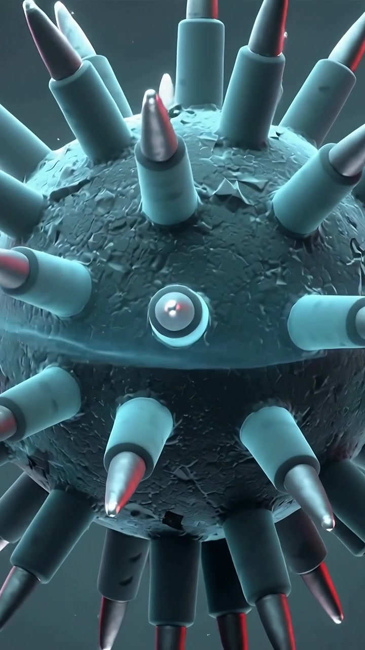 Vertical video: Zooming view revealing rotating sphere with metal tips in teal void, showing detail