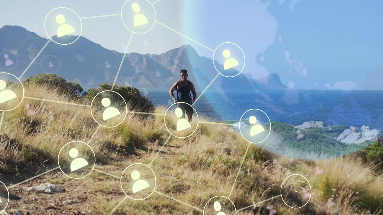 Male runner jogging trail glancing phone causing tech network icons spreading into globe overlay