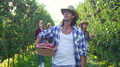 man carrying a basket of apples in an orchard