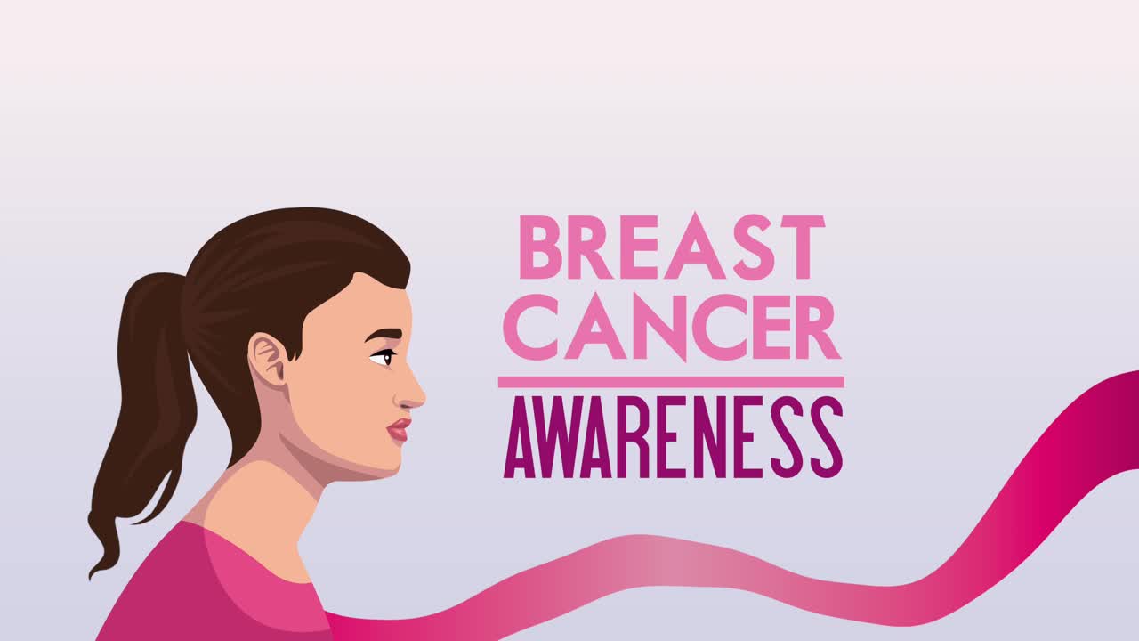 여성과 리본을 가진 유방암 글자 애니메이션