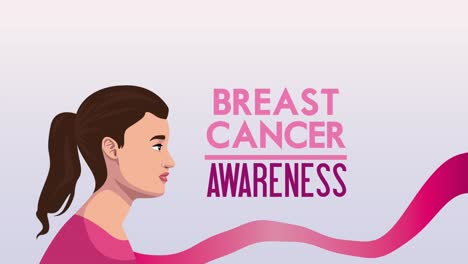 breast cancer lettering animation with woman and ribbon