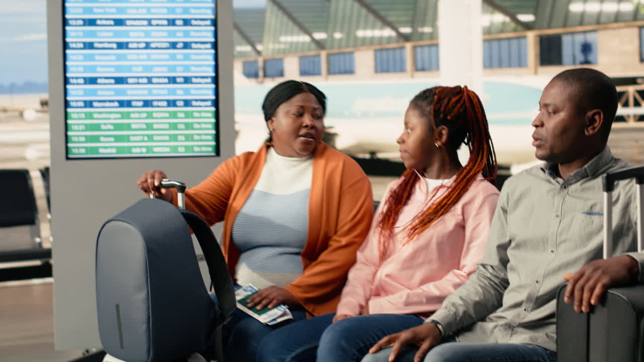 Parents and teenage daughter traveling together on vacation by plane