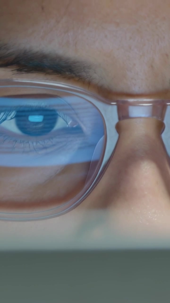 Vertical video: Gazing person with rose glasses leaning and reading at desk, screen glowing to read