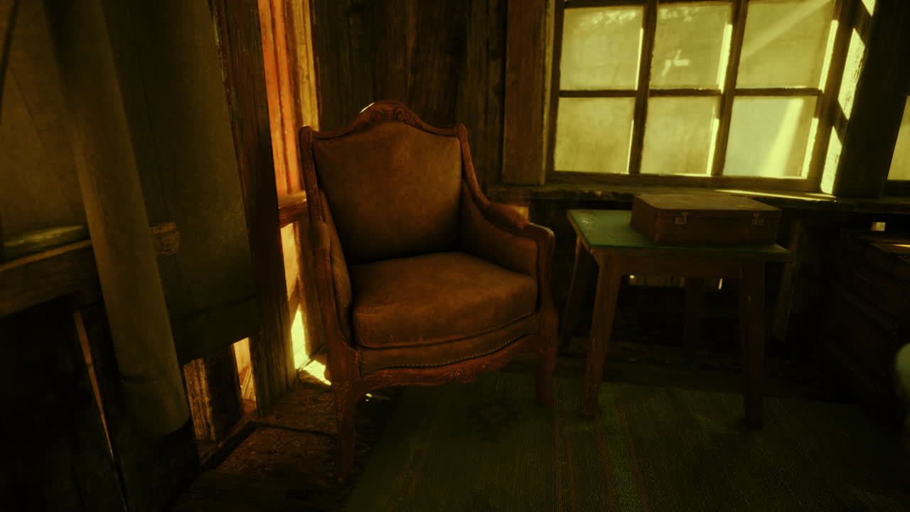 A vintage chair and wooden table in a sunlit room with rustic charm