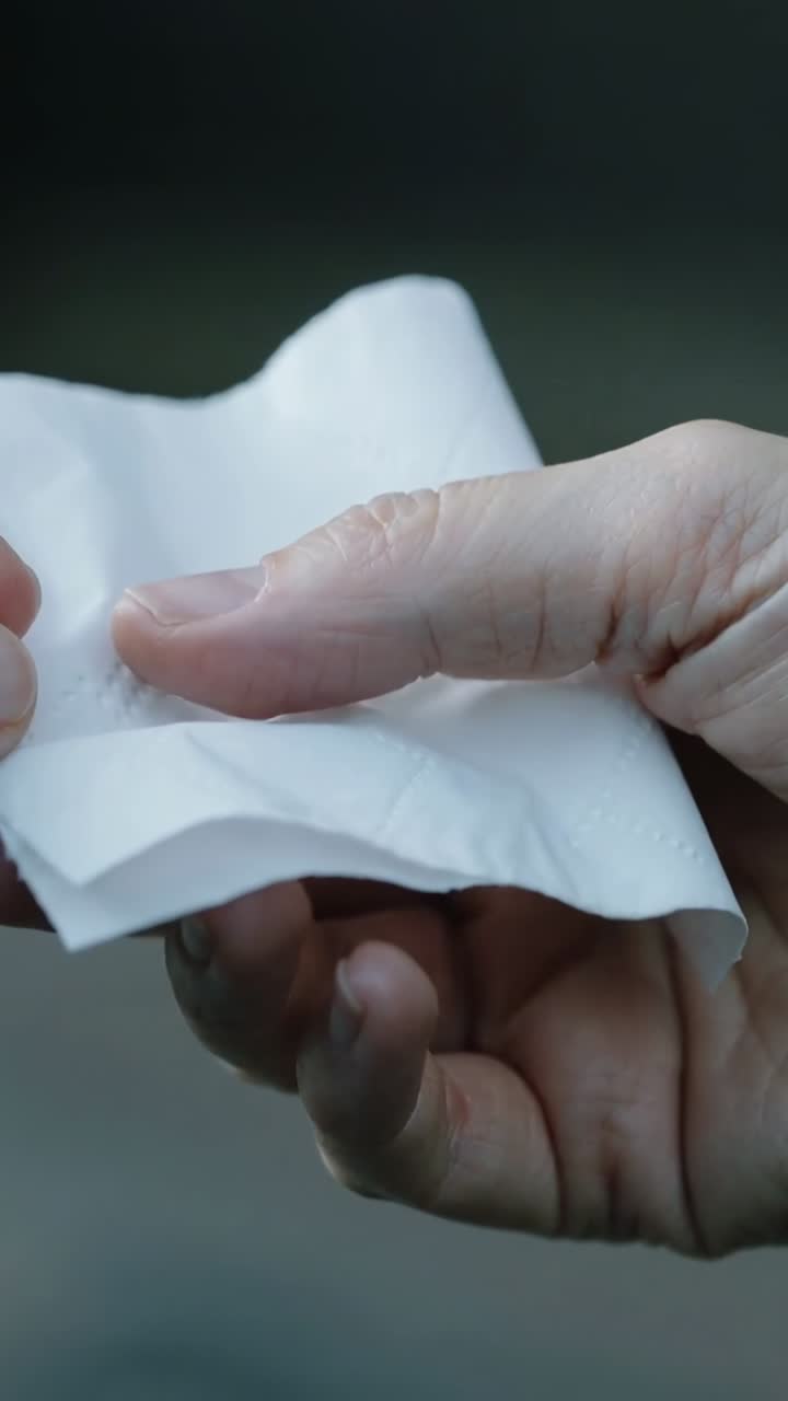Vertical video: Pressing thumb creating crease on folded white tissue outdoors, securing grip