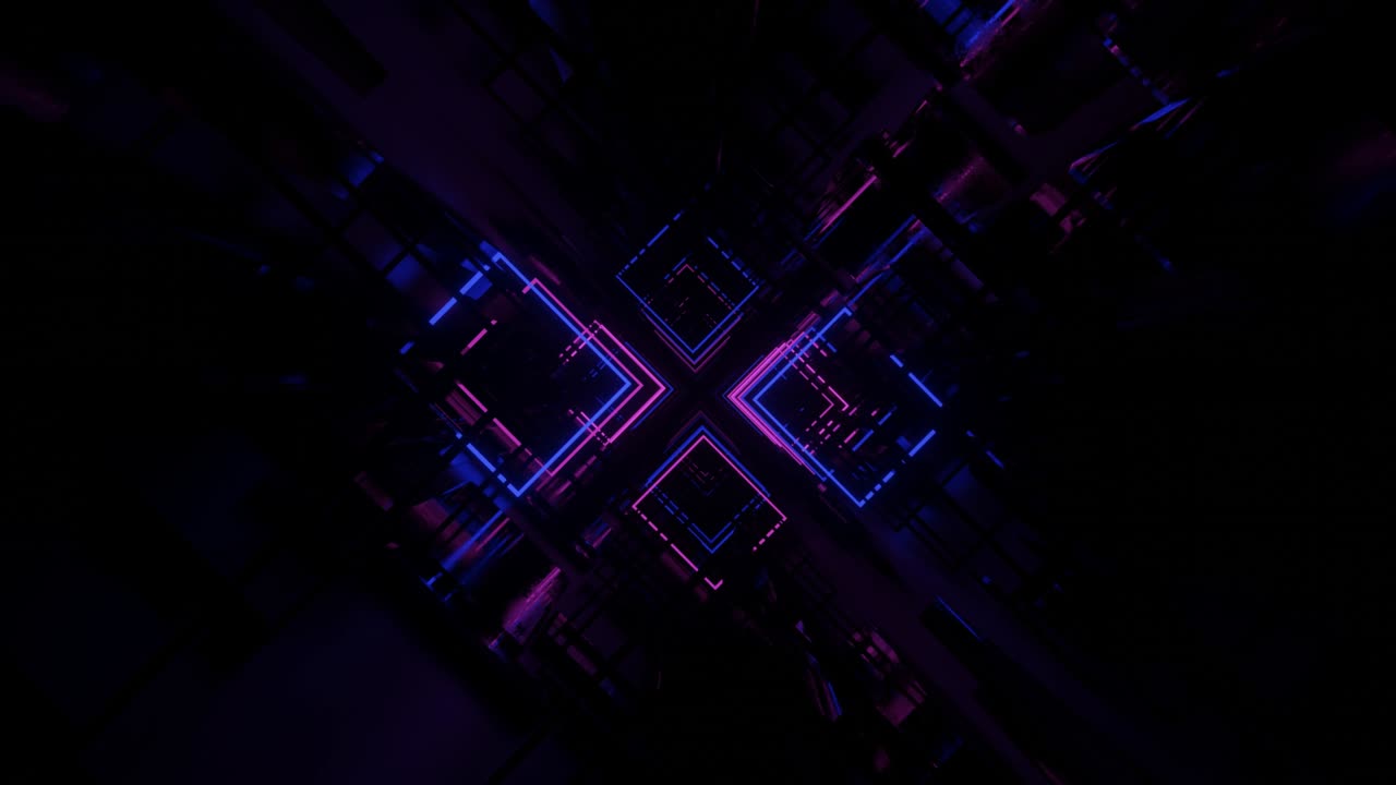 Hi-tech neon sci-fi tunel. Trendy neon glow lines form pattern and construction in mirror tunnel. Fly through technology cyberspace. Neon flash light. 3d looped seamless 4k bright youth background.