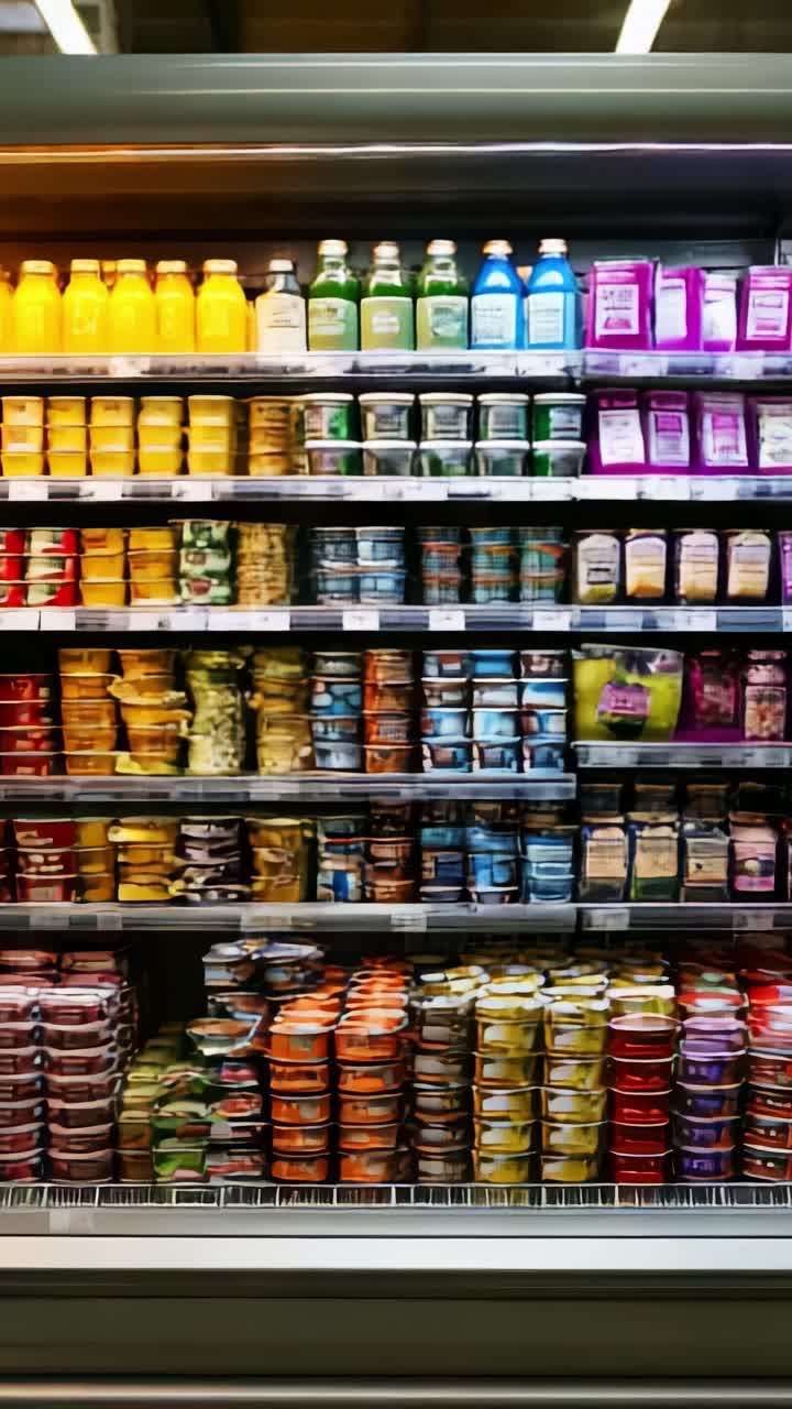 Variedade colorida de bebidas e lanches em um refrigerador de supermercado, mostrando um caleidoscópio de embalagens e opções para os consumidores escolherem