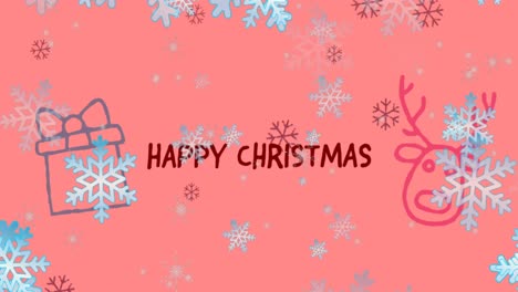 Animation-of-snow-falling-over-christmas-greetings-text-and-christmas-decoration-and-pattern