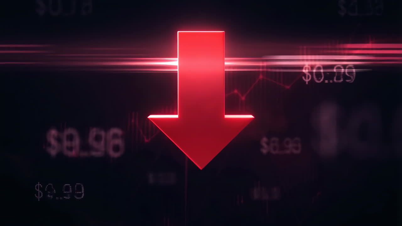 Red Arrow Pointing Down Amidst Financial Data and Charts