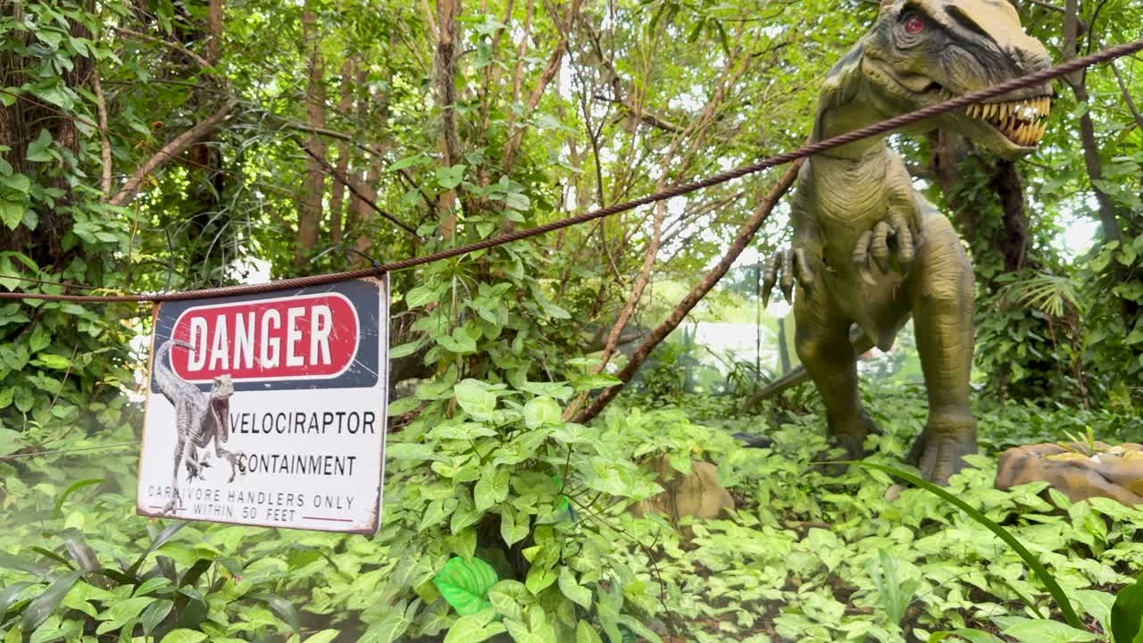 Animatronic velociraptor moves toward danger sign in dense, green forest under natural daylight