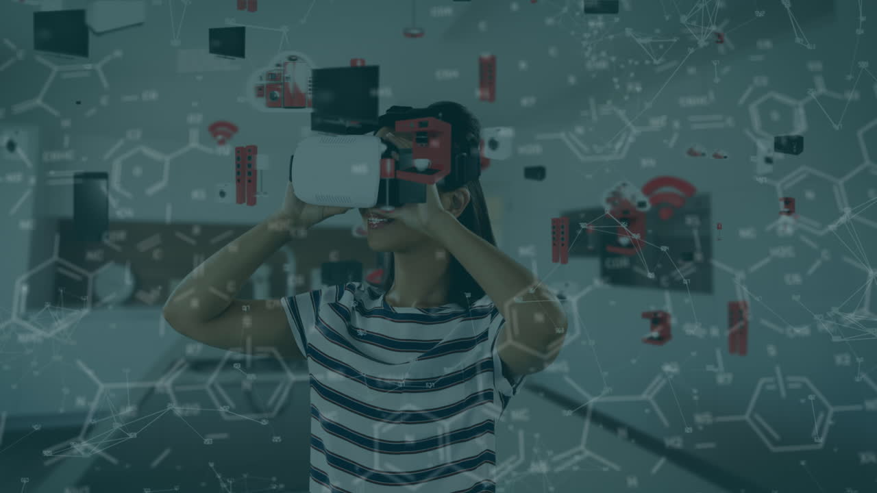 vr 헤드을 사용하는 백인 여성에 대한 의료 아이콘의 애니메이션