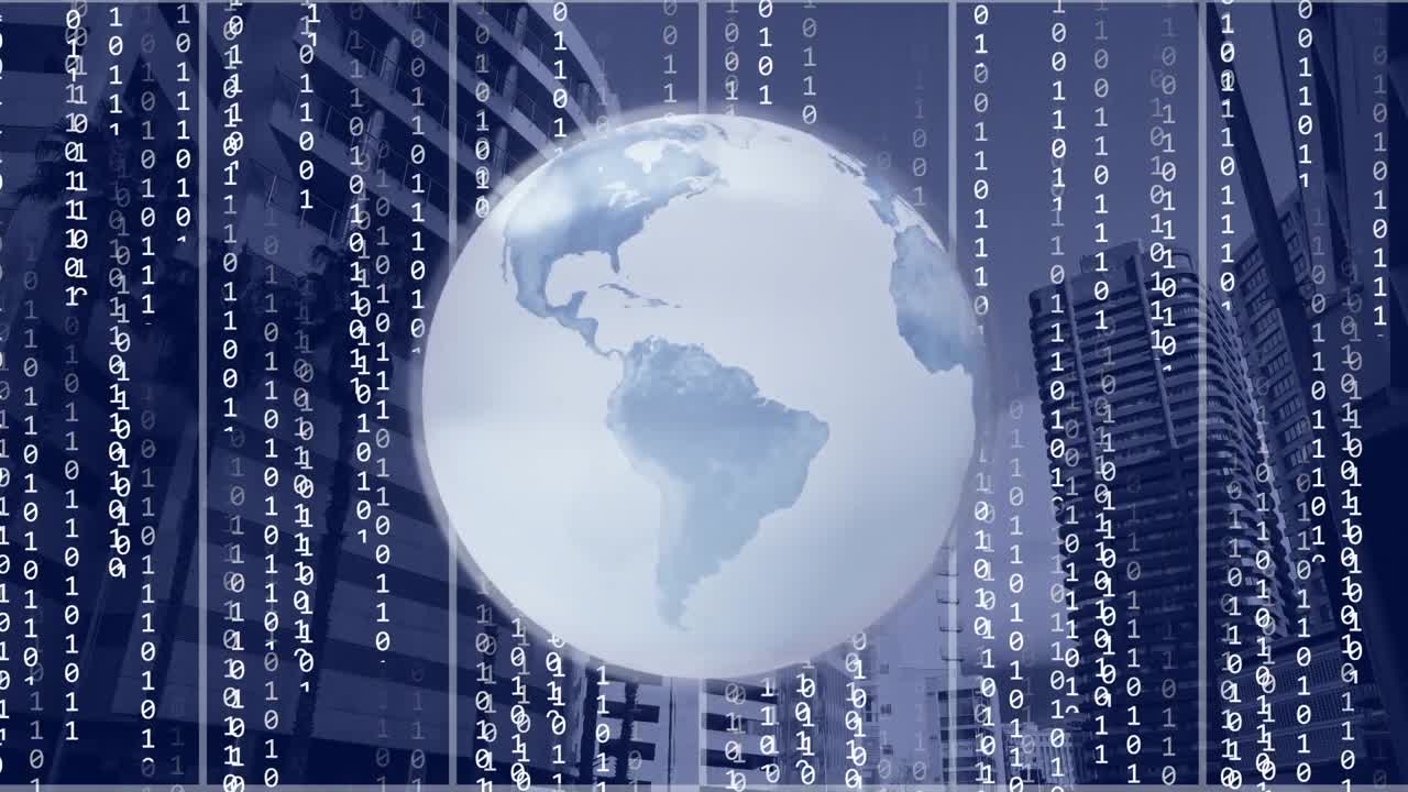 Animation of binary coding and data processing over globe