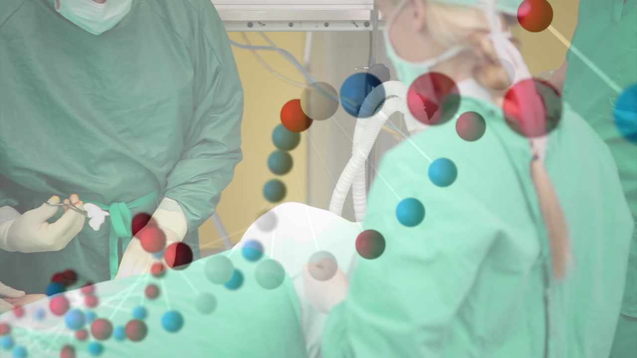 수술 중 백인 여성 및 남성 외과 의사 위에 회전하는 dna의 애니메이션