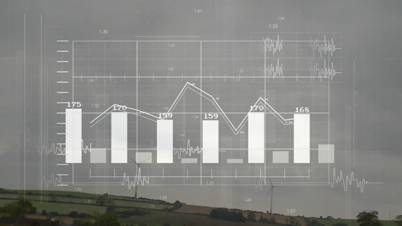 Flat design data chart overlaying rolling farmland, linking six bars in zigzag line and waveforms