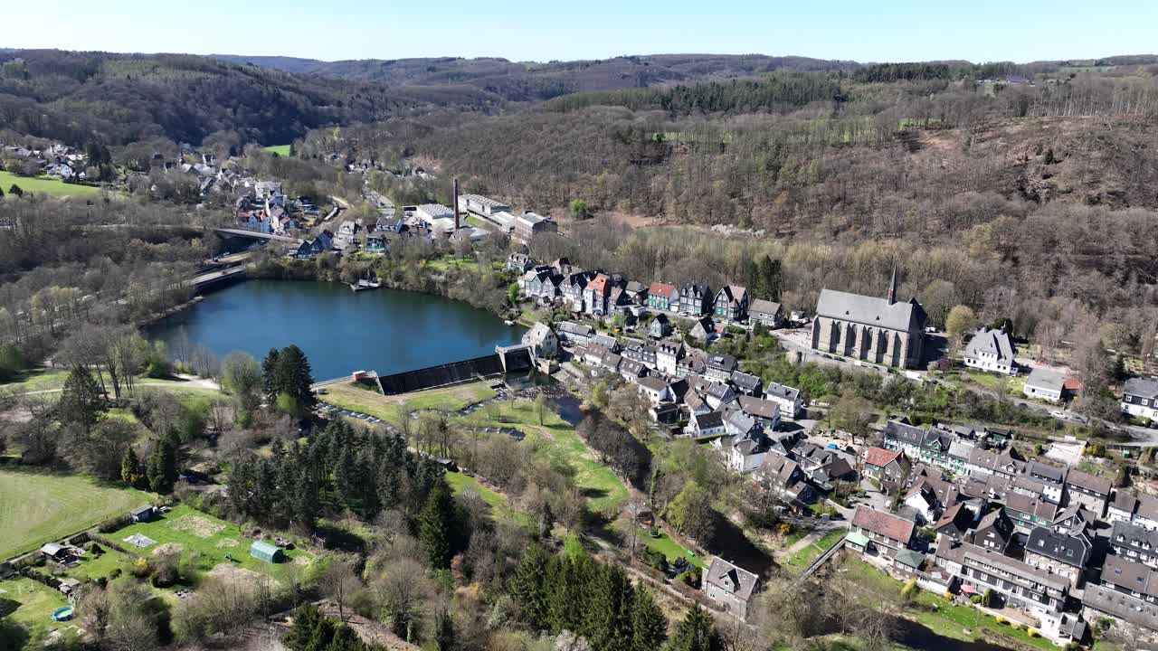 The Wupper forms a reservoir, picturesquely located at the foot of the old town of Beyenburg, Beyenburger Stausee. Aerial view.
