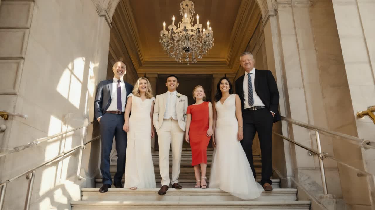 Wedding party portrait on staircase
