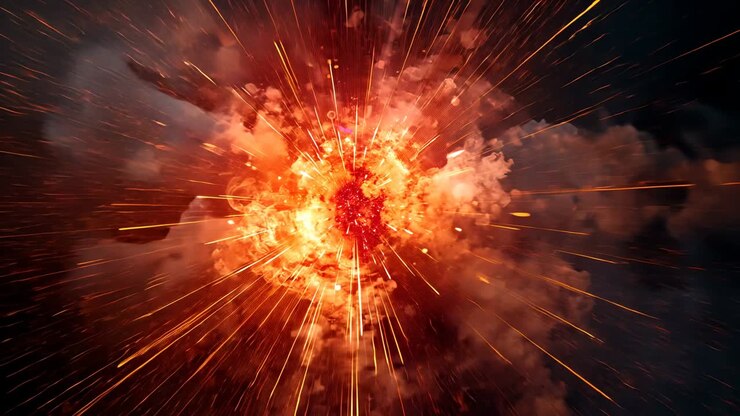Noyau d’explosion qui s’embrase et s’étend dans un vide sombre, émettant des étincelles, des braises et de la fumée