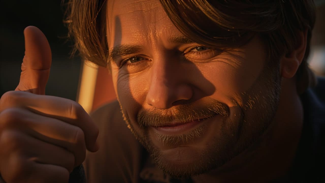 Ein Mann im Hemd blinzelt in den Sonnenuntergang, führt die rechte Hand nahe an sein Gesicht und erzeugt Daumen-hoch-Schatten.