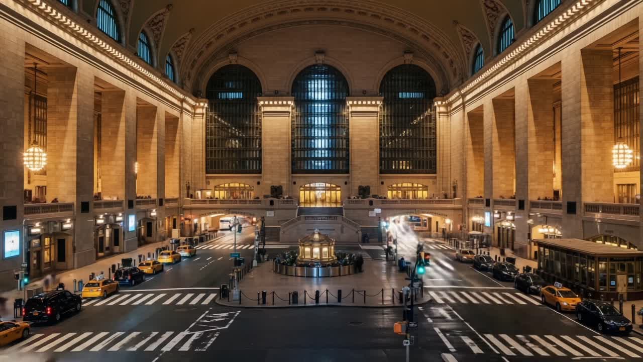 Captivating Nighttime Views of an Elegant Grand Central Station, Showcasing Architectural Splendor and Vibrant City Energy with Light Trails from Passing Traffic