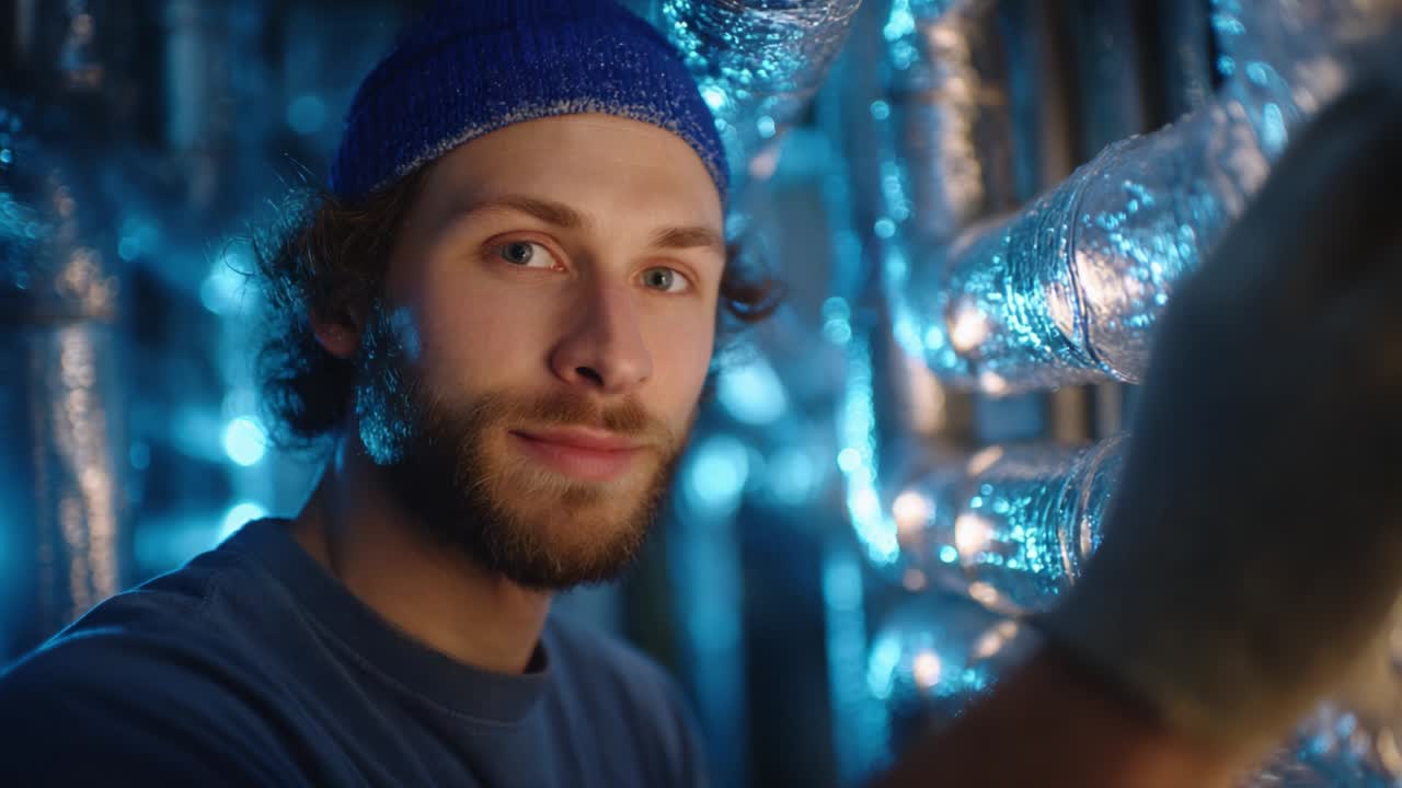 Smiling Technician Working with Modern Cooling Pipes in a Brightly Lit Environment, Showcasing the Latest Technology and Expertise in HVAC Systems and Indoor Climate Control Solutions