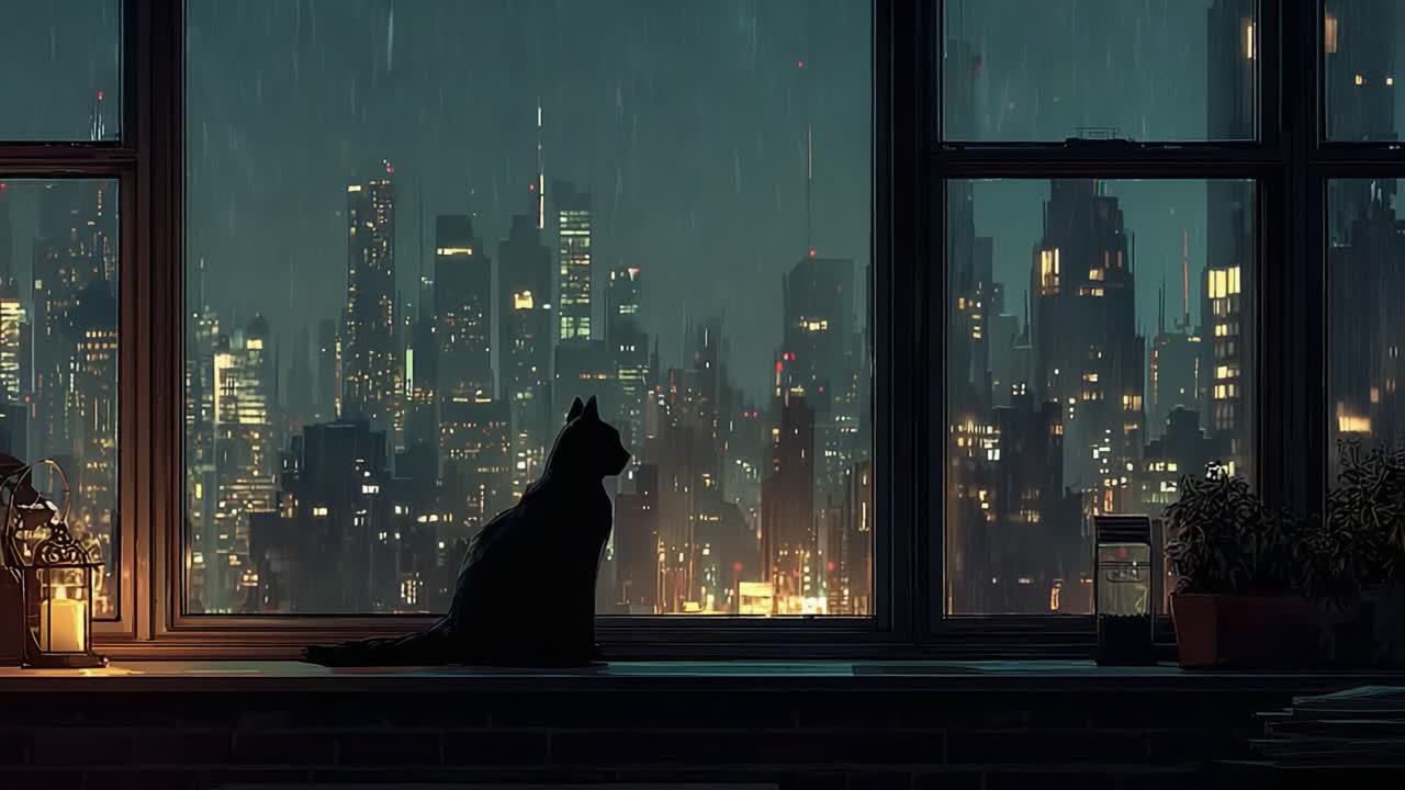A Serene Night: A Cat Observing the Raindrenched Cityscape, Illuminated by Vibrant City Lights from a Cozy Indoor Window View