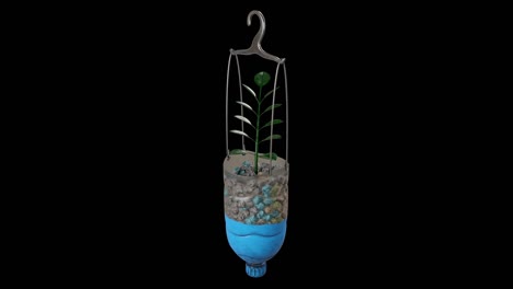3d renderización gráfica de movimiento bucle de botellas de plástico de reutilización plantas colgantes, aisladas en fondo negro con sección de canal alfa al final.