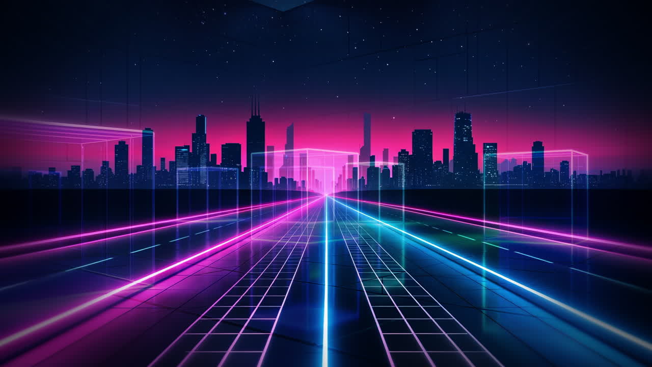 Paesaggio urbano Synthwave notturno con strada a griglia al neon