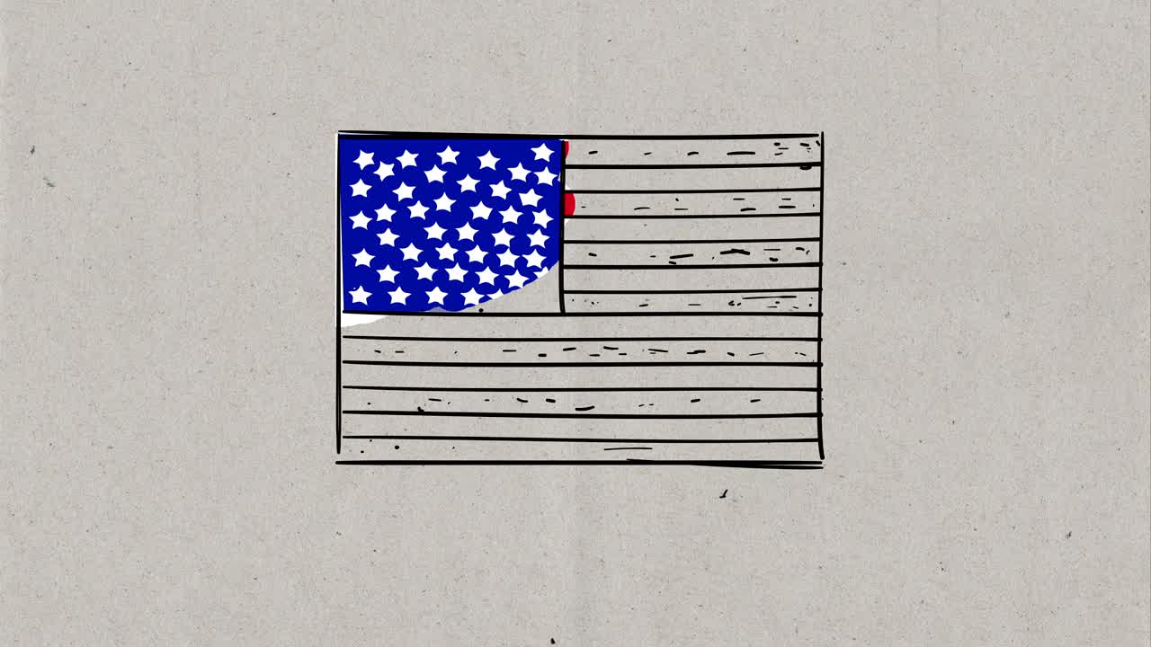4k video of hand drawing process of USA cartoon flag, sketch on paper background