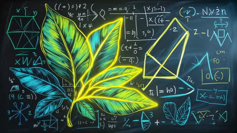 glowing cannabis leaf with mathematical equations on a chalkboard