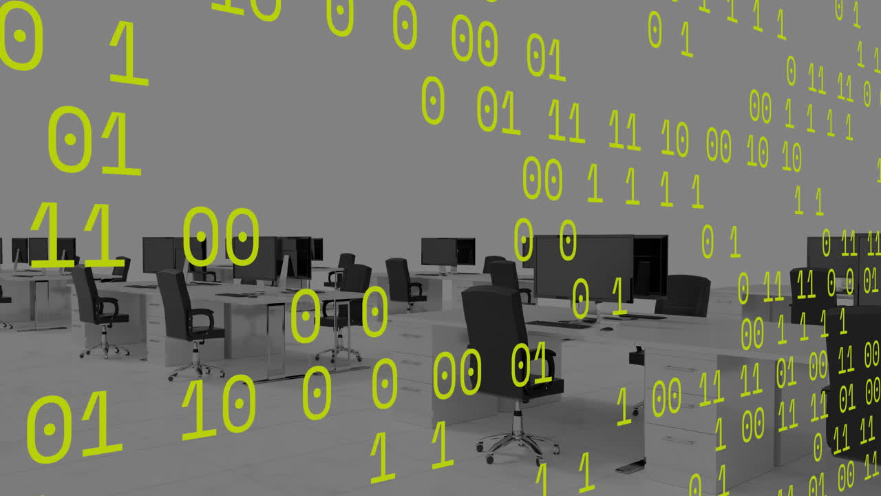 Animation of data processing over office desks with computers