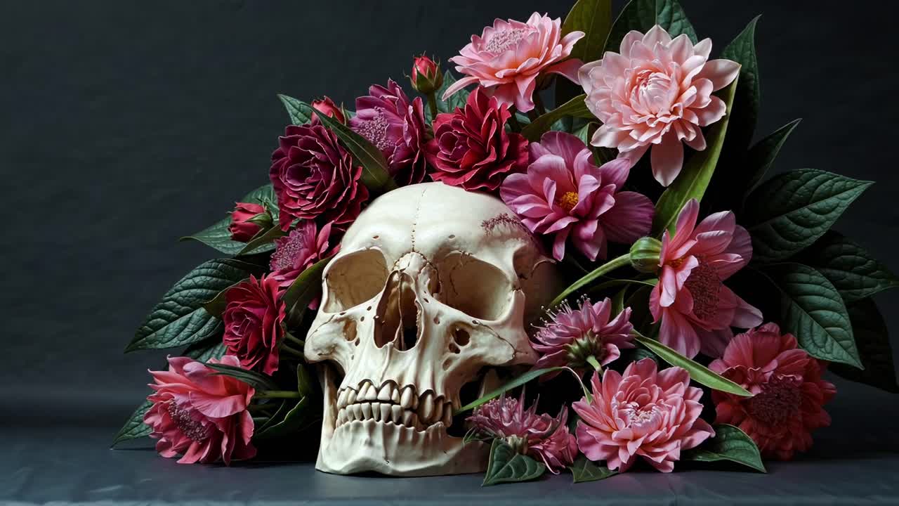 A dramatic still life video concept featuring a skull surrounded by vibrant pink flowers