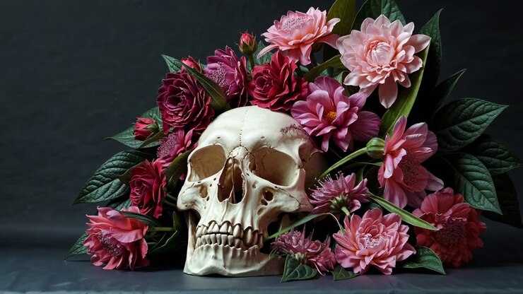 Un concetto video drammatico di natura morta con un teschio circondato da vivaci fiori rosa