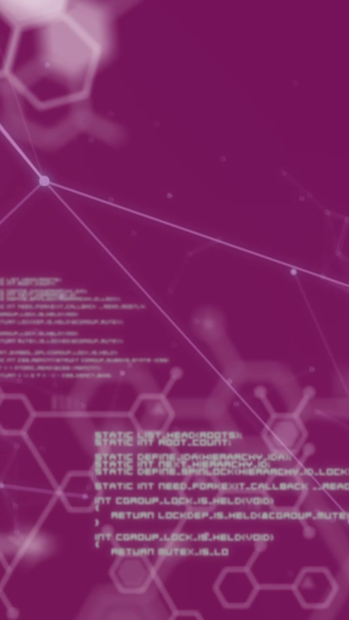 Digital animation of molecular structures and network of connections against pink background
