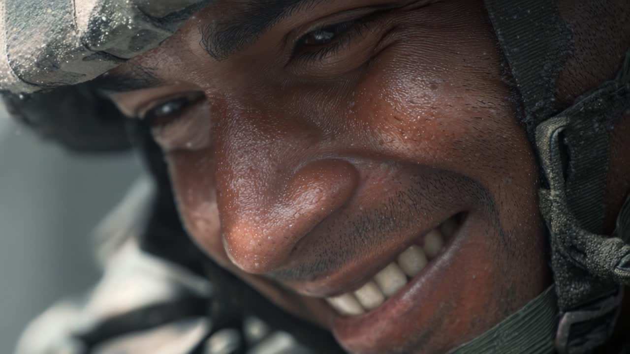 Un Momento di Gioia: Primo Piano su un Soldato Sorridente in Piena Tenuta da Combattimento, Catturando l'Essenza del Cameratismo e della Resilienza in Tempi Difficili