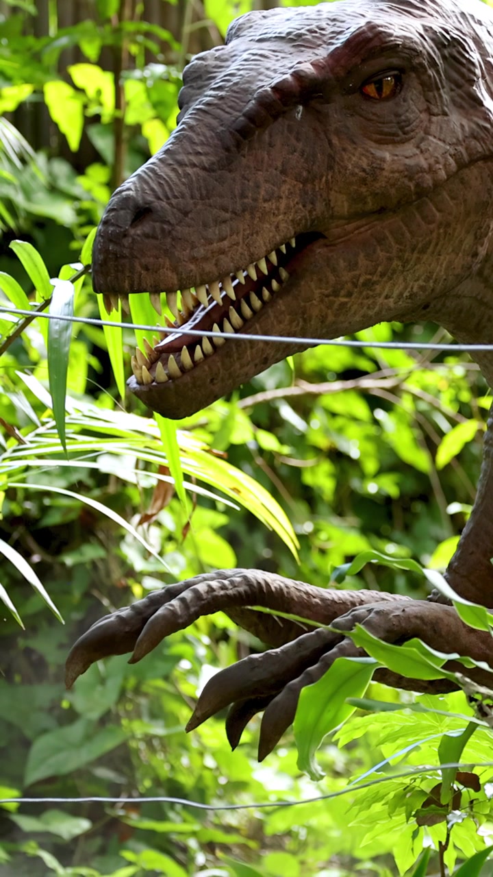 Un animatronic di velociraptor realistico muove la testa e la bocca tra una fitta vegetazione verde in piena luce diurna, catturato con un'inquadratura ravvicinata e stabile