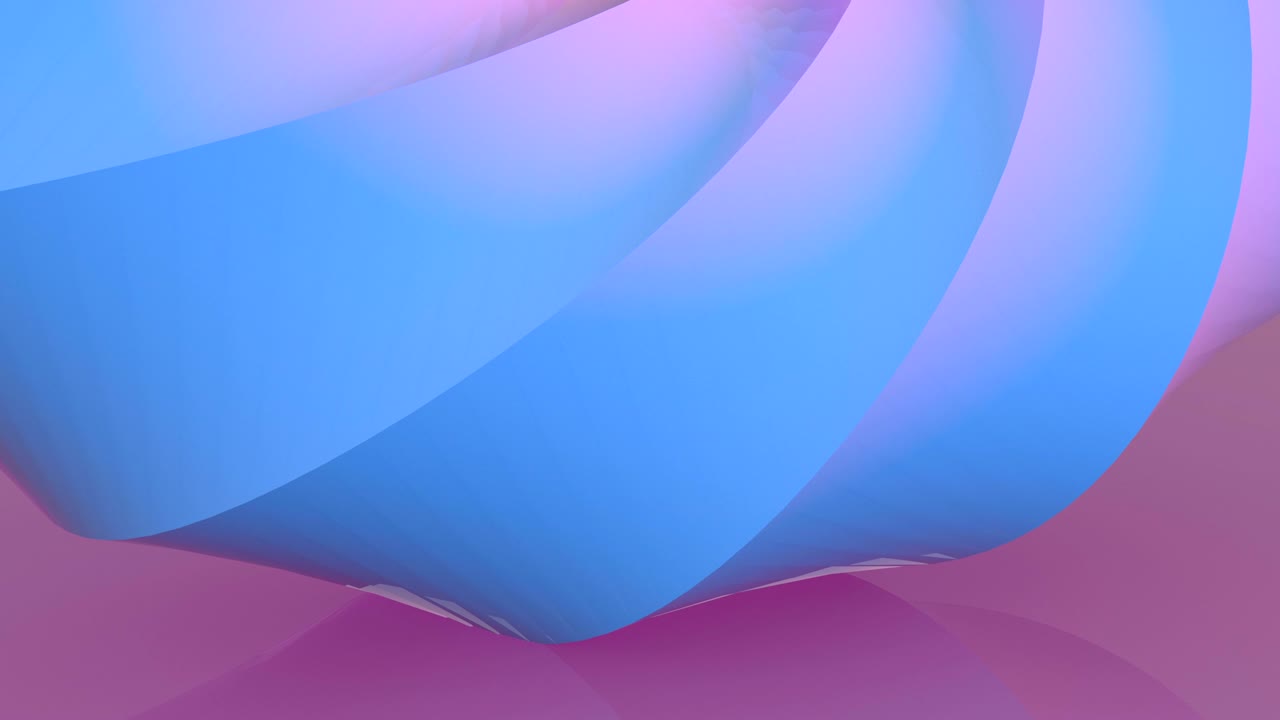 Rotating creamy curve 3d footage. Moving spiral on glass surface with reflection. Curvy dynamic abstract plastic shape animation. Blue and violet whipped cream motion on pink background seamless video