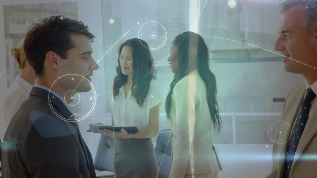 사업가의 악수에 대한 연결 네트워크의 애니메이션