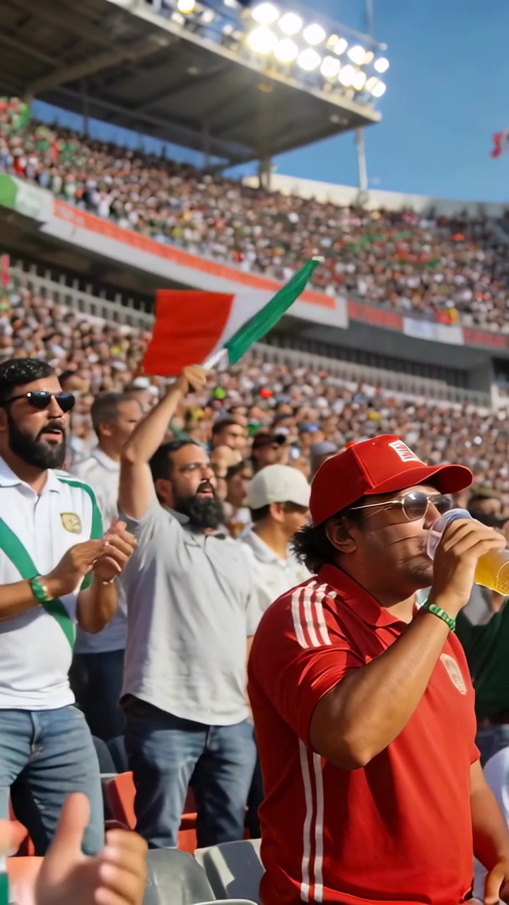 Video vertical: Aficionado de estadio gritando con equipación verde después de una jugada, aplaudiendo mientras los aficionados ondean banderas de México.