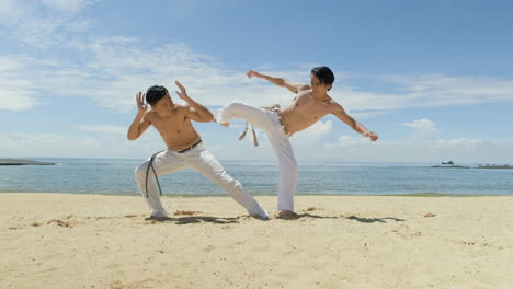 Dos-Hombres-Bailando-Capoeira-En-La-Playa